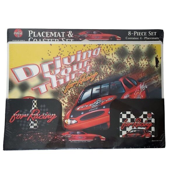 Vtg 2001 Coca Cola Nascar Racing Placemat Coaster Set Fans Man Cave Tail Gating - Picture 1 of 3